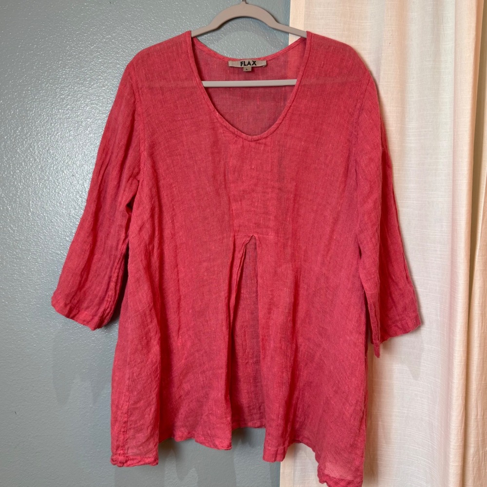 FLAX Tunic Top Womens L Pink Coral 100% Linen 3/4 Sleeve Pleated Front Blouse